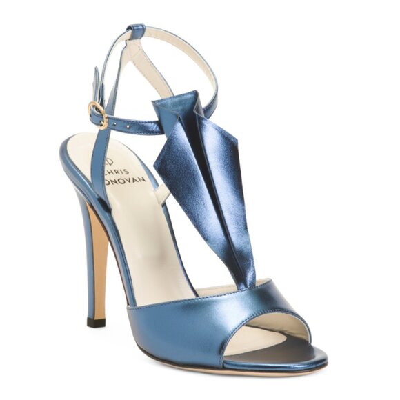 CHRIS DONOVAN Black Made In Italy Leather Aquila Heeled Sandals - Picture 1 of 2